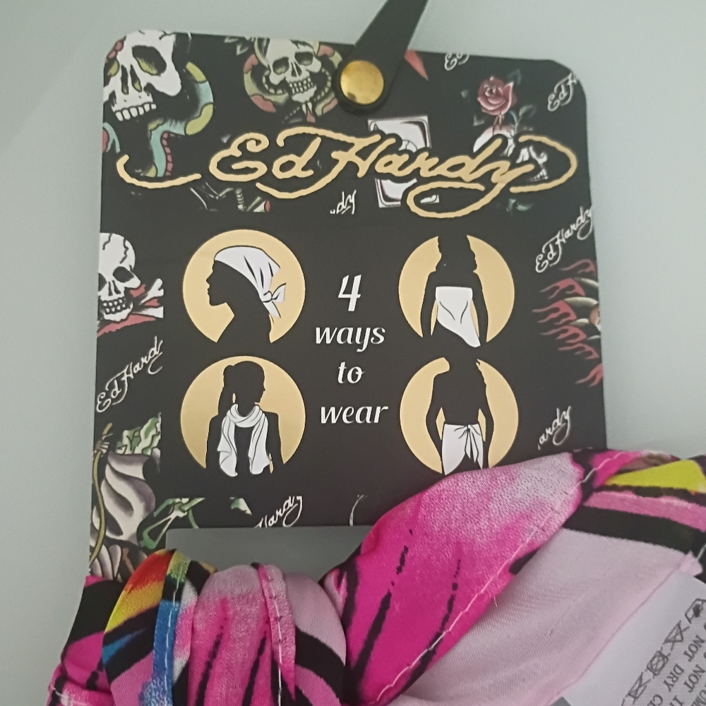 New Ed Hardy pink, multi-function scarf with a skull and roses tattoo print. - Picture 5 of 5